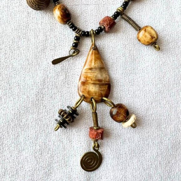 Vintage Handmade Brass, Bead, and Shell Necklace - Picture 3 of 9